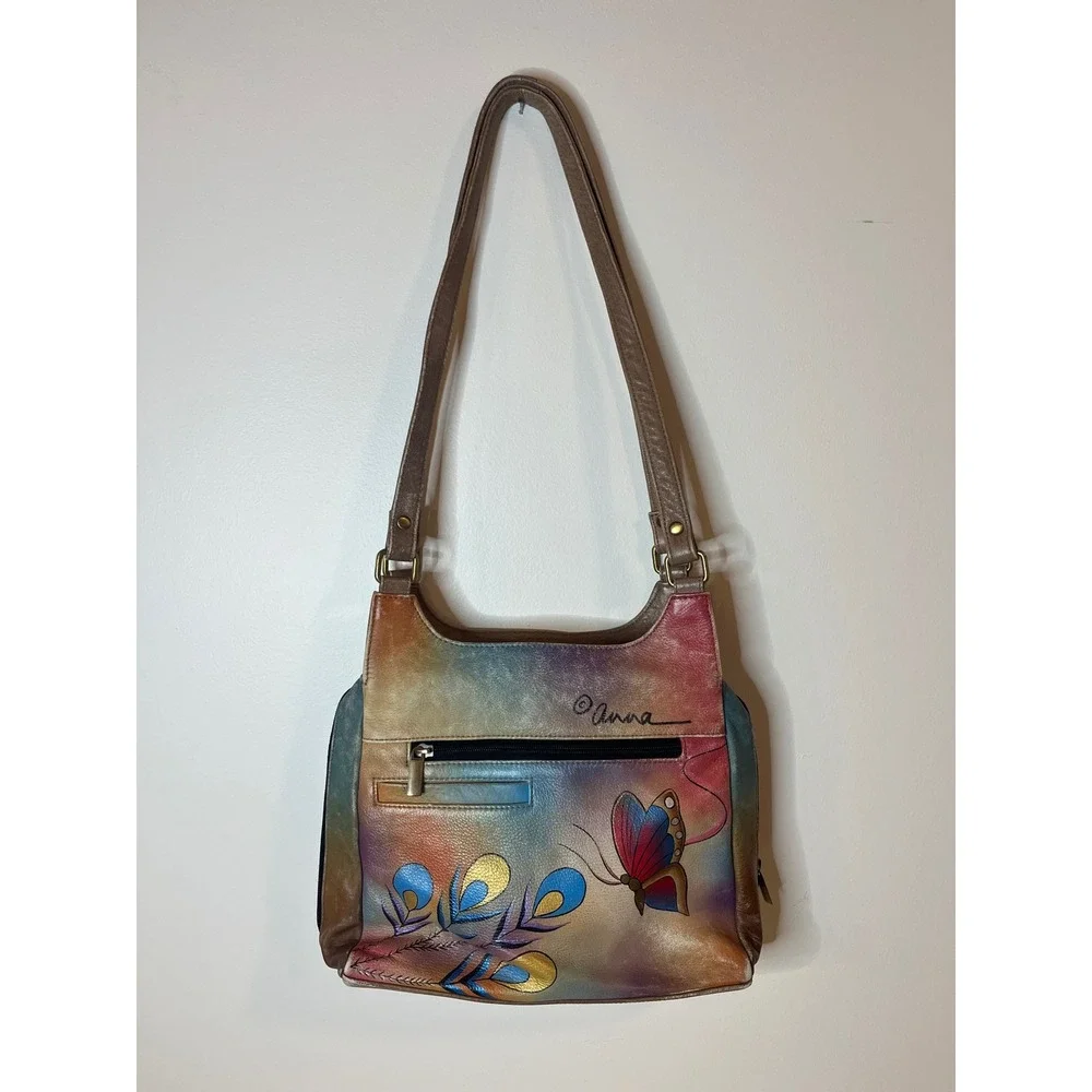 Anna by Anuschka Hand Painted Leather Butterfly Peacock Bag Vintage y2k Boho - Picture 3 of 7